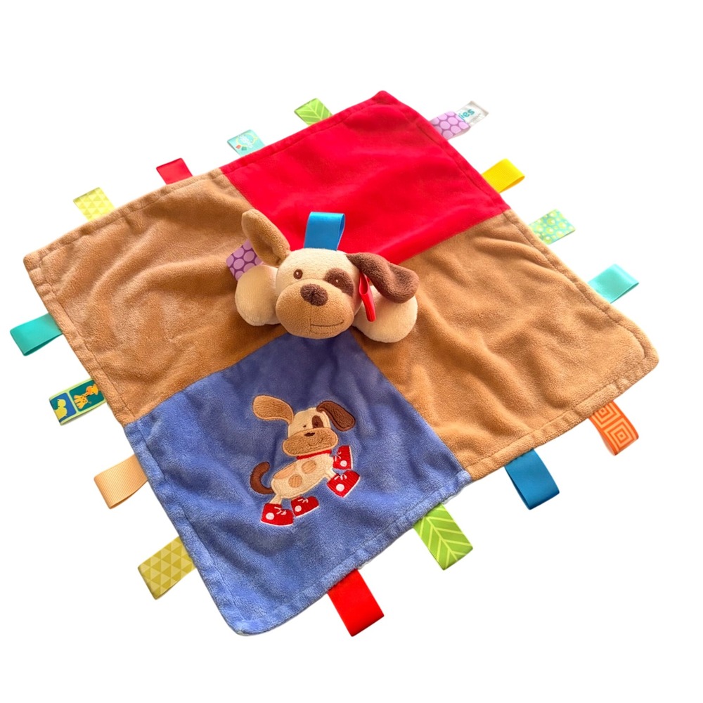 Taggies‎ Mary Meyer Puppy Dog Baby Security Blanket Lovey Blue Red Tan Plush Toy